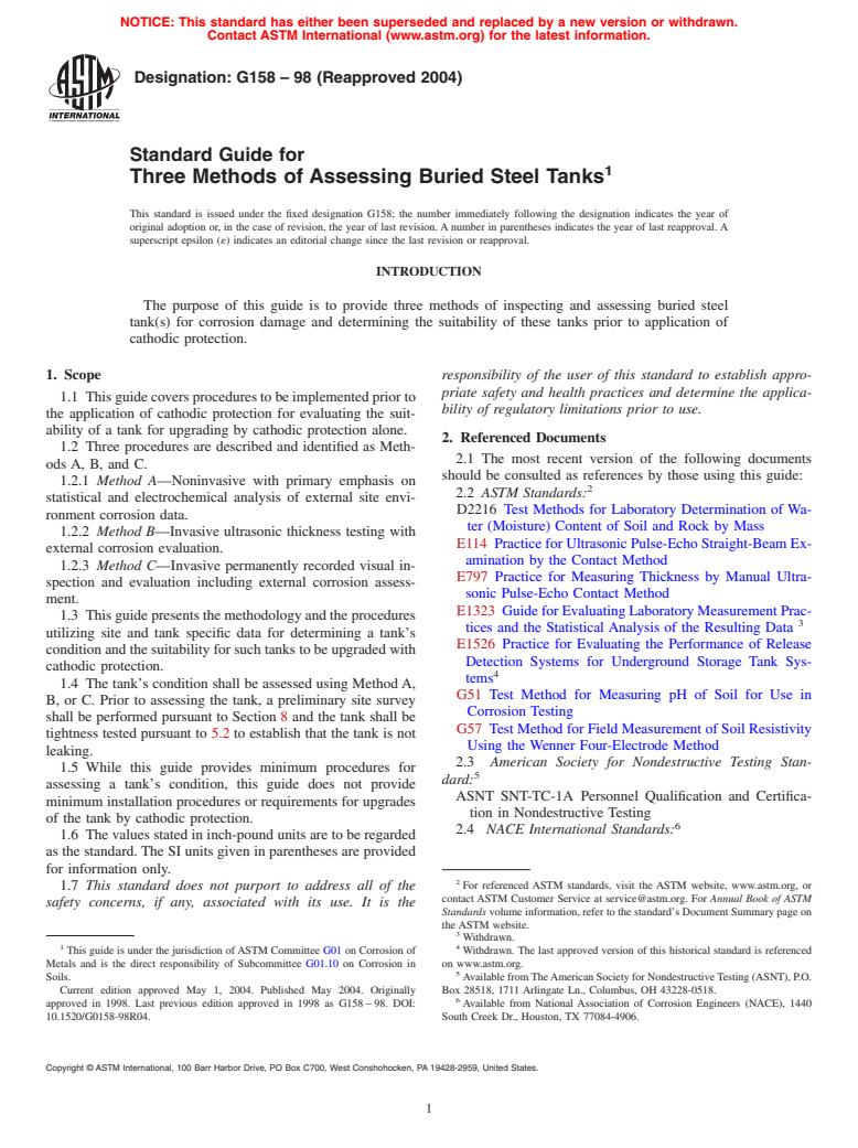 ASTM G158-98(2004) - Standard Guide for Three Methods of Assessing Buried Steel Tanks