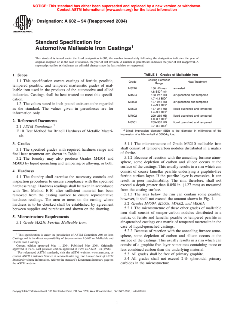 ASTM A602-94(2004) - Standard Specification for Automotive Malleable Iron Castings