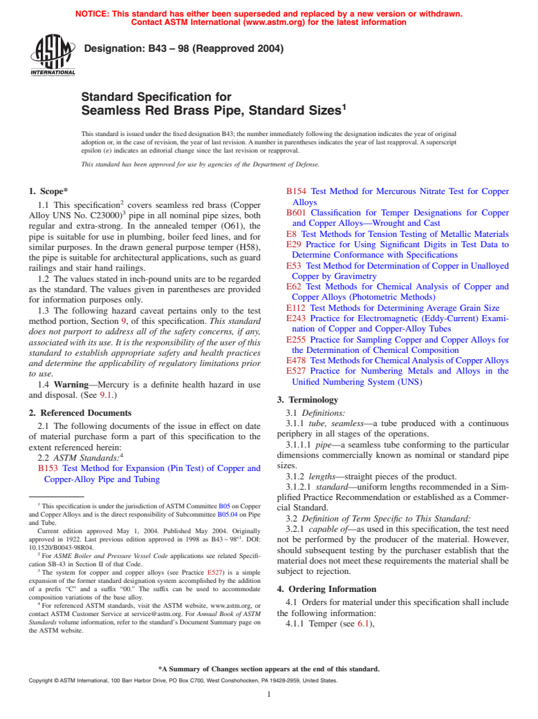 ASTM B43-98(2004) - Standard Specification for Seamless Red Brass Pipe, Standard Sizes