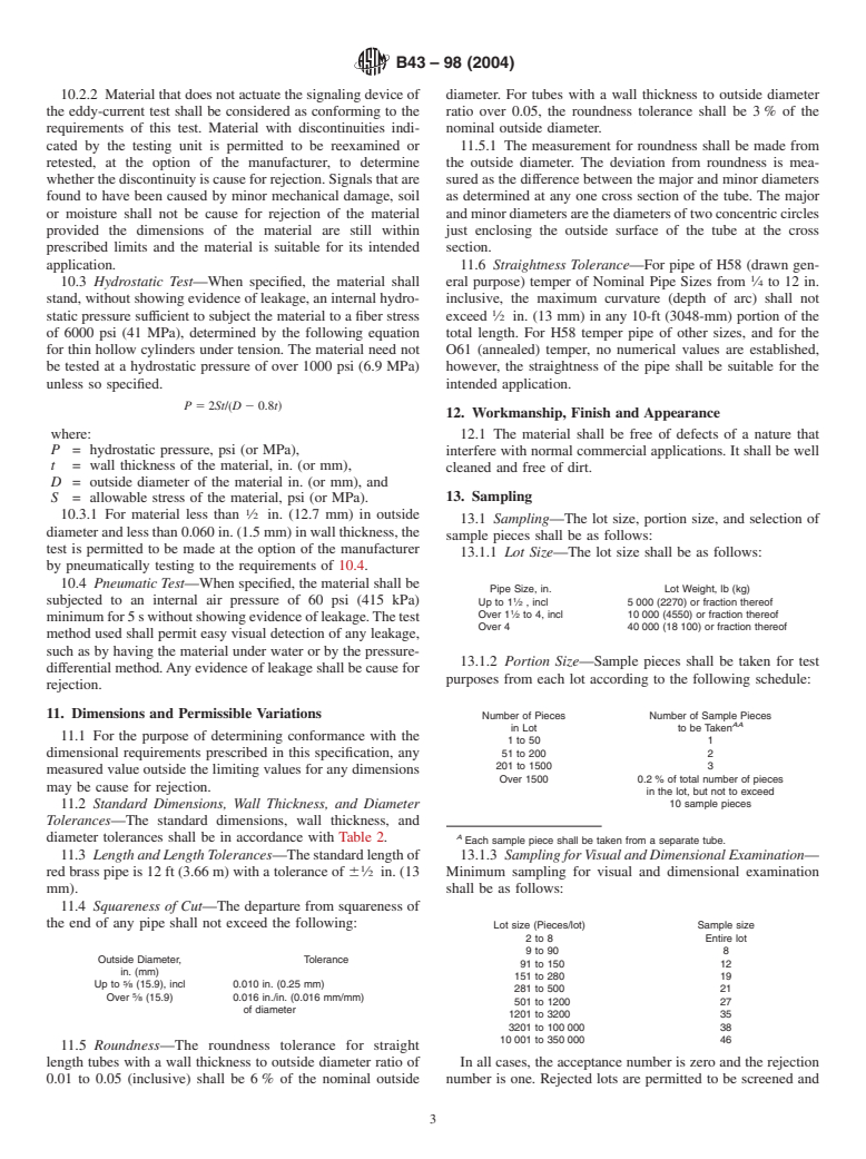 ASTM B43-98(2004) - Standard Specification for Seamless Red Brass Pipe, Standard Sizes