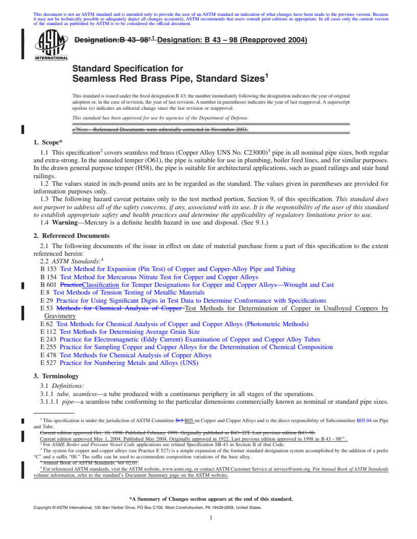 REDLINE ASTM B43-98(2004) - Standard Specification for Seamless Red Brass Pipe, Standard Sizes