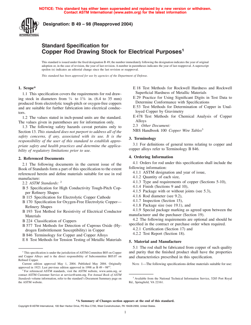 ASTM B49-98(2004) - Standard Specification for Copper Rod Drawing Stock for Electrical Purposes