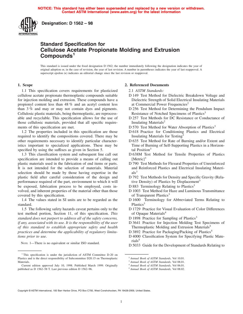 ASTM D1562-98 - Standard Classification System for Cellulose Acetate Propionate Molding and Extrusion Compounds