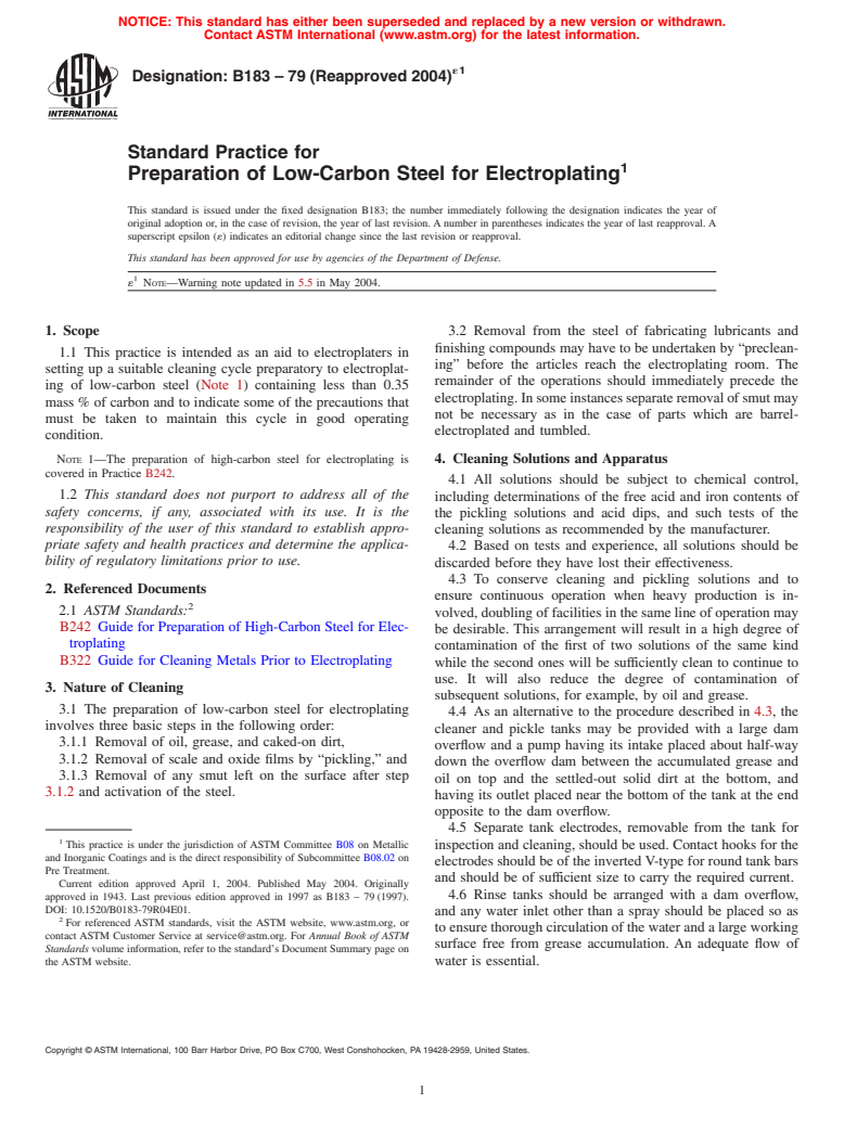 ASTM B183-79(2004)e1 - Standard Practice for Preparation of Low-Carbon Steel for Electroplating