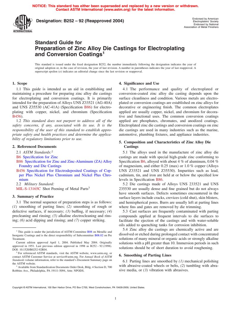 ASTM B252-92(2004) - Standard Guide for Preparation of Zinc Alloy Die Castings for Electroplating and Conversion Coatings