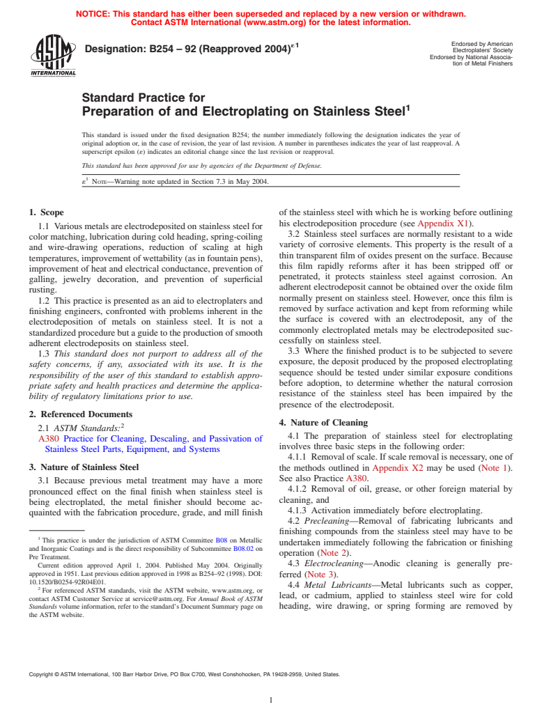 ASTM B254-92(2004)e1 - Standard Practice for Preparation of and Electroplating on Stainless Steel