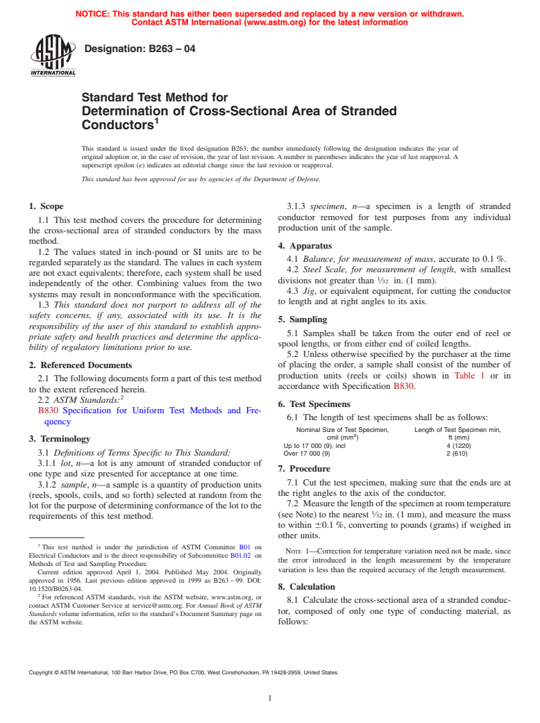 ASTM B263-04 - Standard Test Method for Determination of Cross-Sectional Area of Stranded Conductors