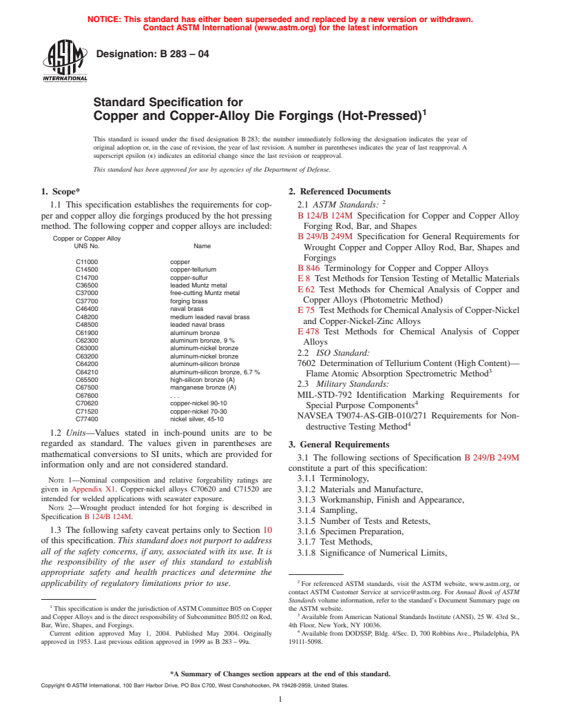 ASTM B283-04 - Standard Specification for Copper and Copper-Alloy Die Forgings (Hot-Pressed)