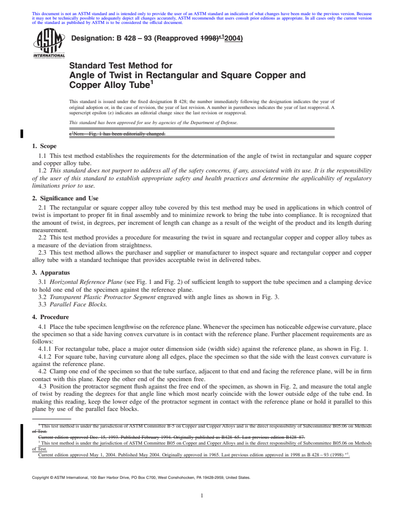 REDLINE ASTM B428-93(2004) - Standard Test Method for Angle of Twist in Rectangular and Square Copper and Copper Alloy Tube