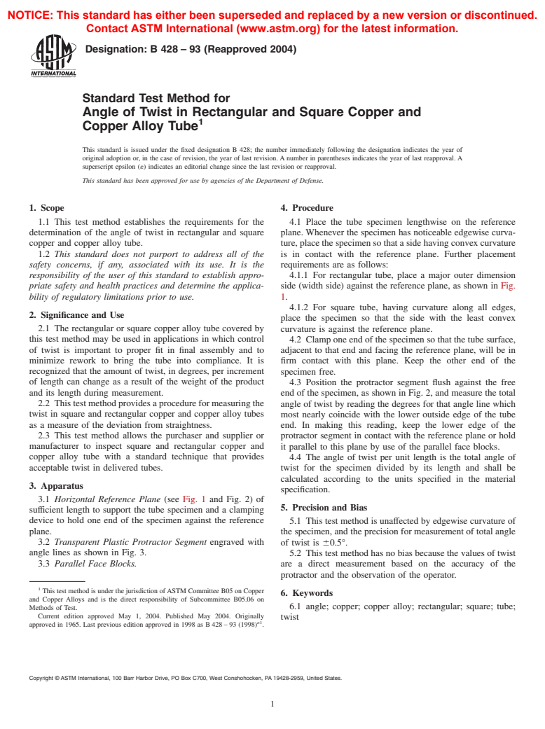 ASTM B428-93(2004) - Standard Test Method for Angle of Twist in Rectangular and Square Copper and Copper Alloy Tube