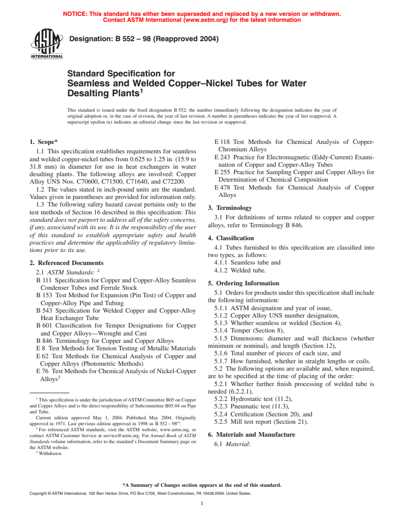 ASTM B552-98(2004) - Standard Specification for Seamless and Welded Copper--Nickel Tubes For Water Desalting Plants