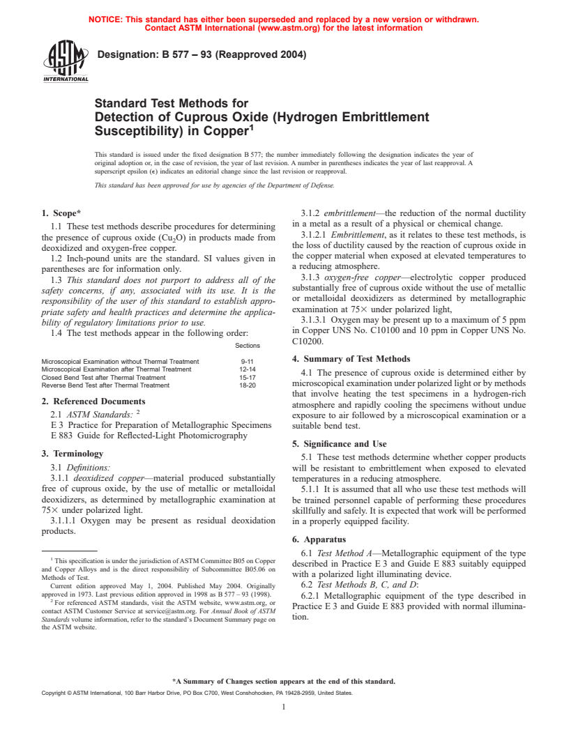 ASTM B577-93(2004) - Standard Test Methods for Detection of Cuprous Oxide (Hydrogen Embrittlement Susceptibility) in Copper