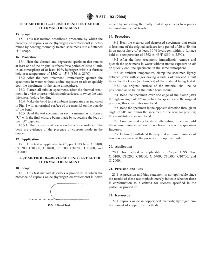 ASTM B577-93(2004) - Standard Test Methods for Detection of Cuprous Oxide (Hydrogen Embrittlement Susceptibility) in Copper