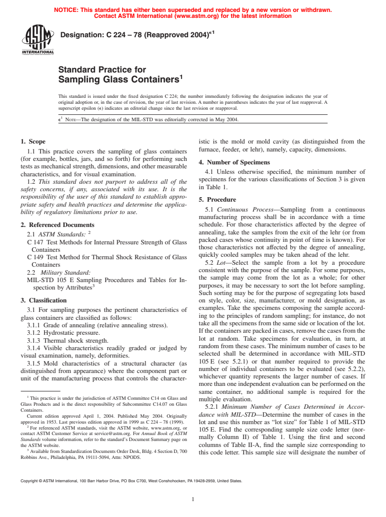 ASTM C224-78(2004)e1 - Standard Practice for Sampling Glass Containers