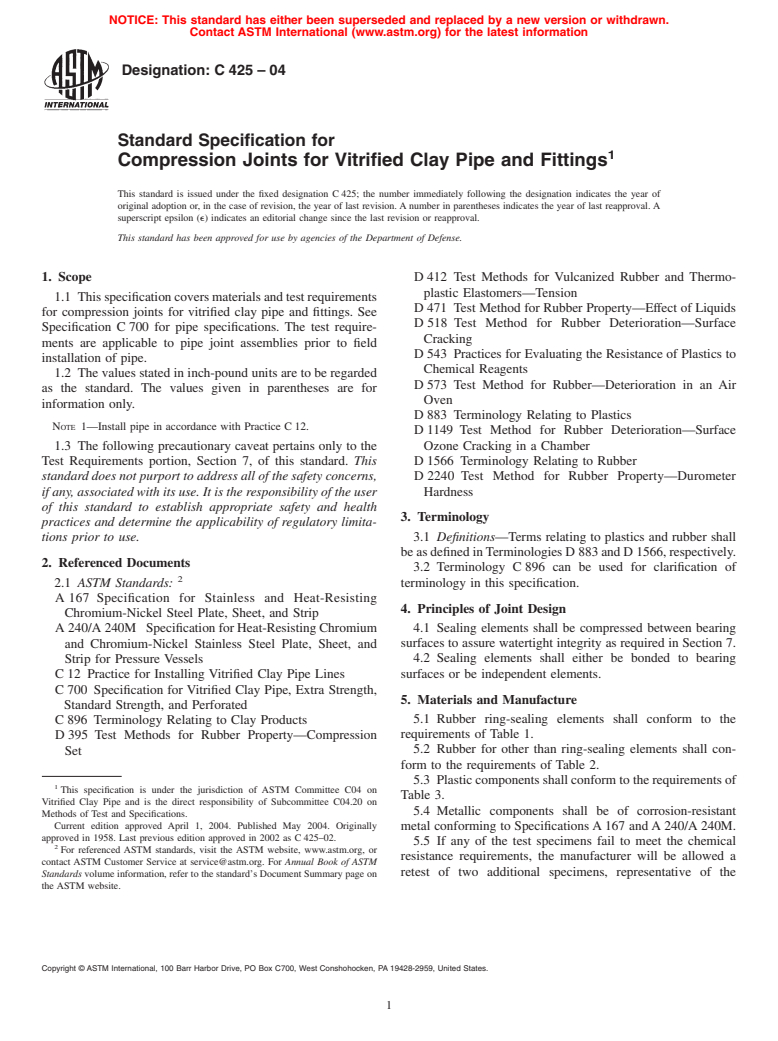 ASTM C425-04 - Standard Specification for Compression Joints for Vitrified Clay Pipe and Fittings