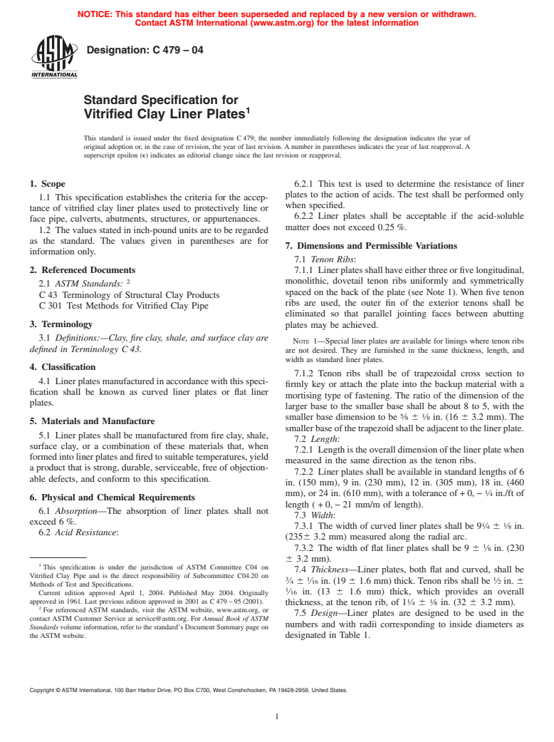 ASTM C479-04 - Standard Specification for Vitrified Clay Liner Plates