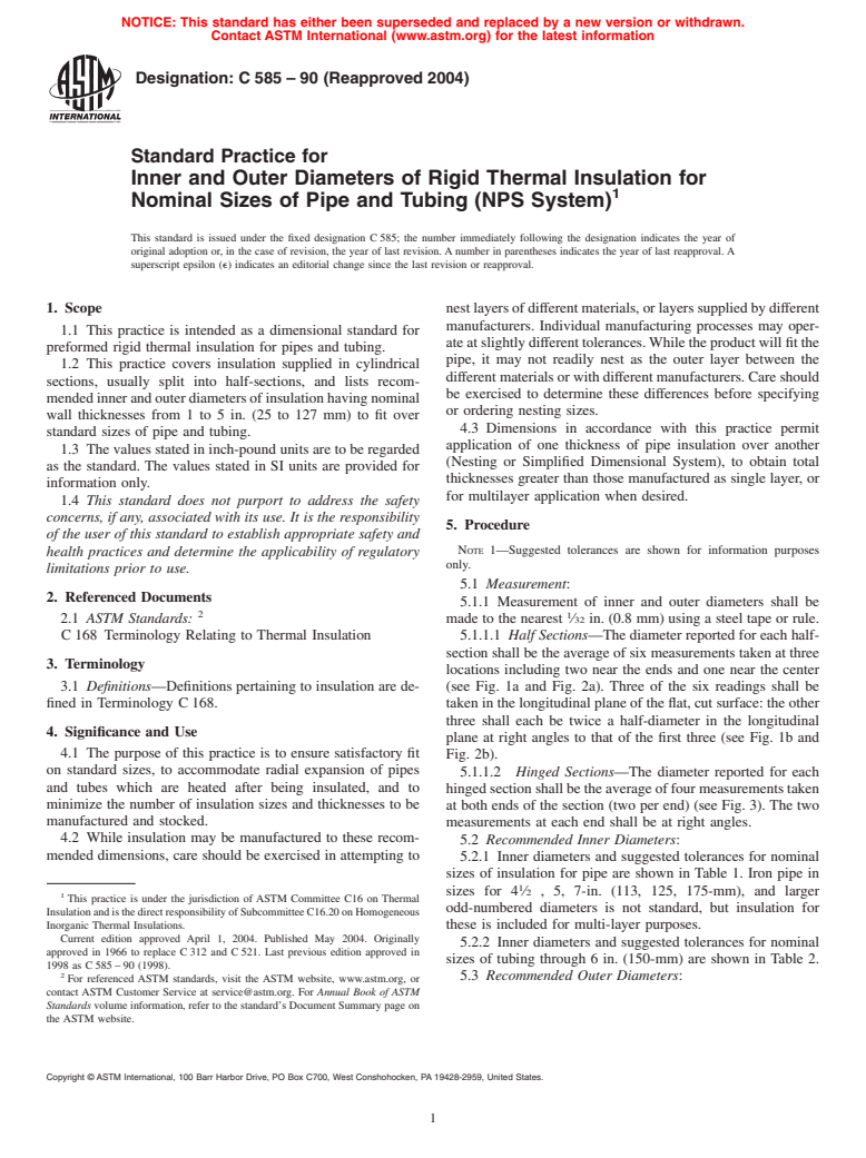 ASTM C585-90(2004) - Standard Practice for Inner and Outer Diameters of Rigid Thermal Insulation for Nominal Sizes of Pipe and Tubing (NPS System)