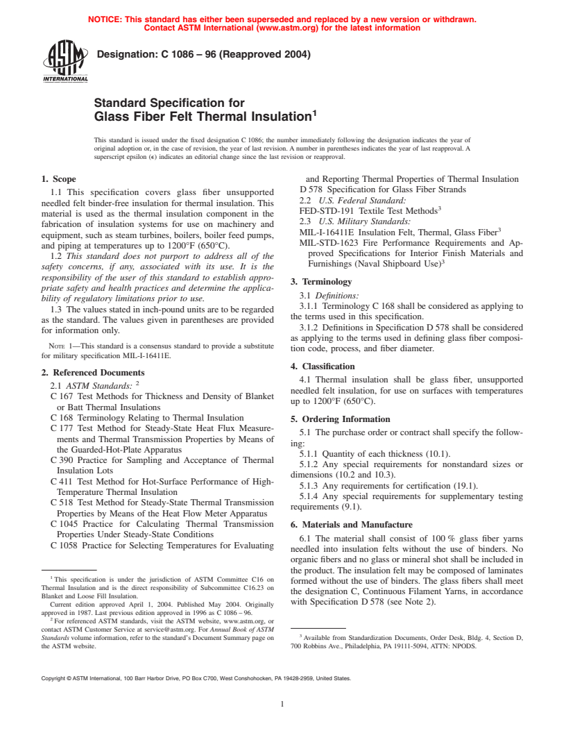 ASTM C1086-96(2004) - Standard Specification for Glass Fiber Felt Thermal Insulation