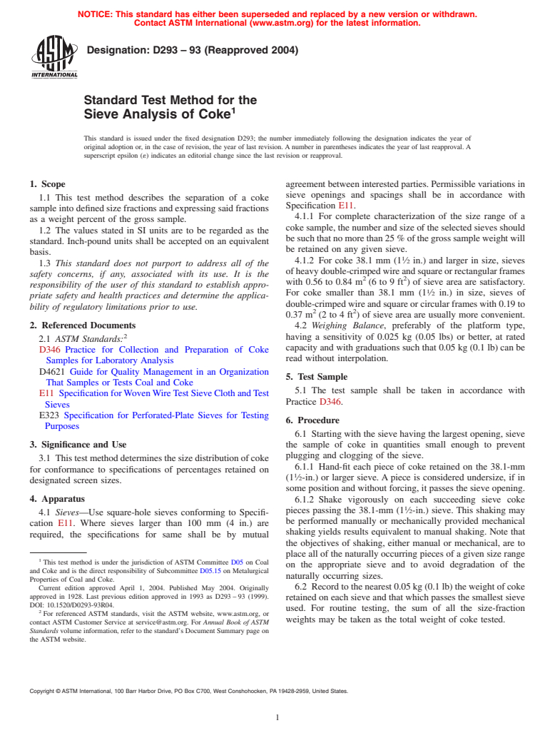 ASTM D293-93(2004) - Standard Test Method for the Sieve Analysis of Coke