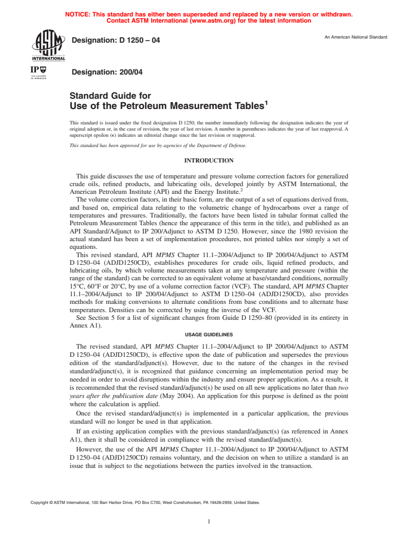 ASTM D1250-04 - Standard Guide for Use of the Petroleum Measurement Tables