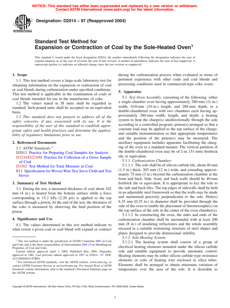 ASTM D2014-97(2004) - Standard Test Method for Expansion or Contraction of Coal by the Sole-Heated Oven