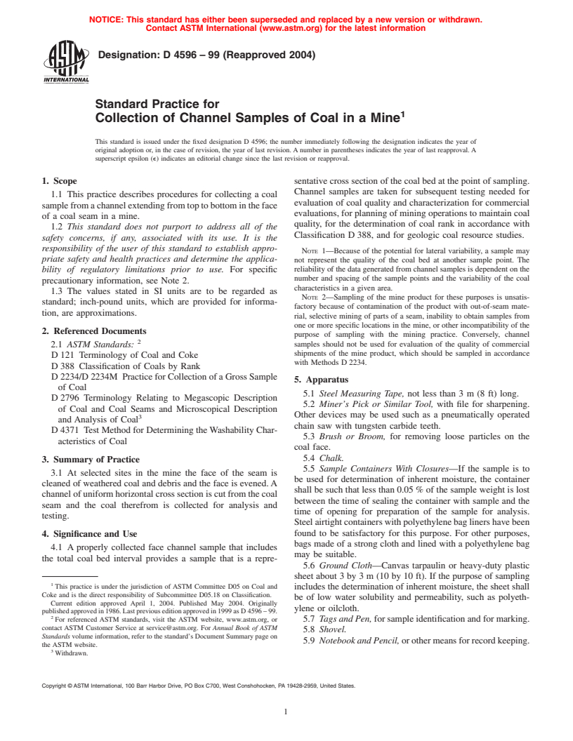 ASTM D4596-99(2004) - Standard Practice for Collection of Channel Samples of Coal in a Mine