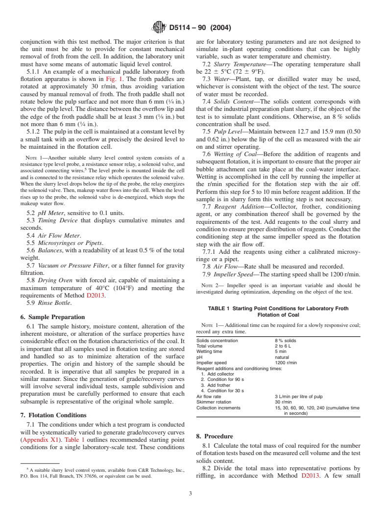 ASTM D5114-90(2004) - Standard Test Method for Laboratory Froth Flotation of Coal in a Mechanical Cell