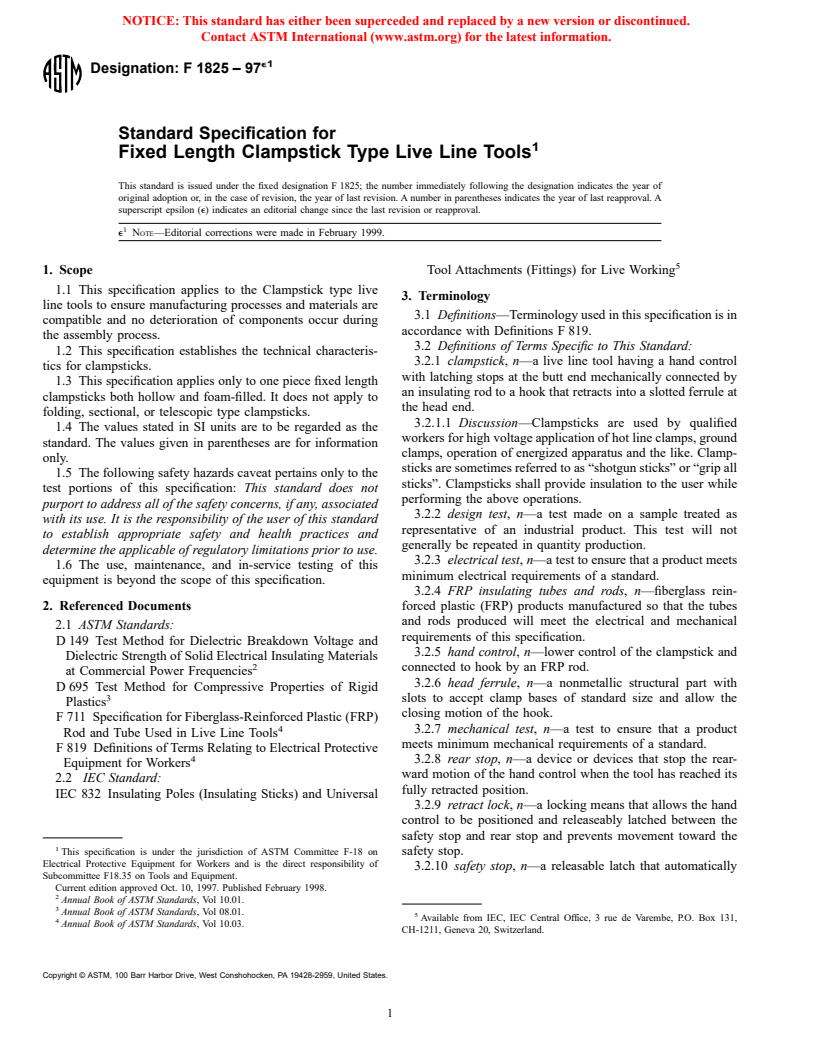 ASTM F1825-97e1 - Standard Specification for Fixed Length Clampstick Type Live Line Tools