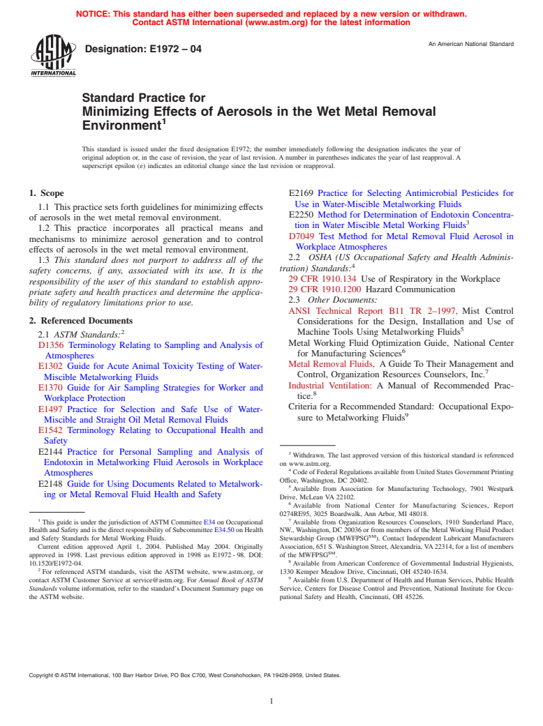 ASTM E1972-04 - Standard Practice for Minimizing Effects of Aerosols in the Wet Metal Removal Environment