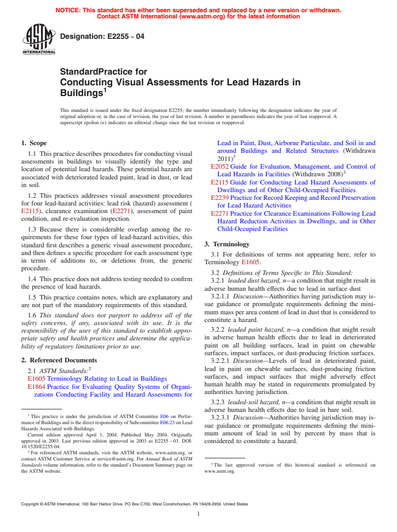 ASTM E2255-04 - Standard Practice for Conducting Visual Assessments for Lead Hazards in Buildings (Withdrawn 2013)