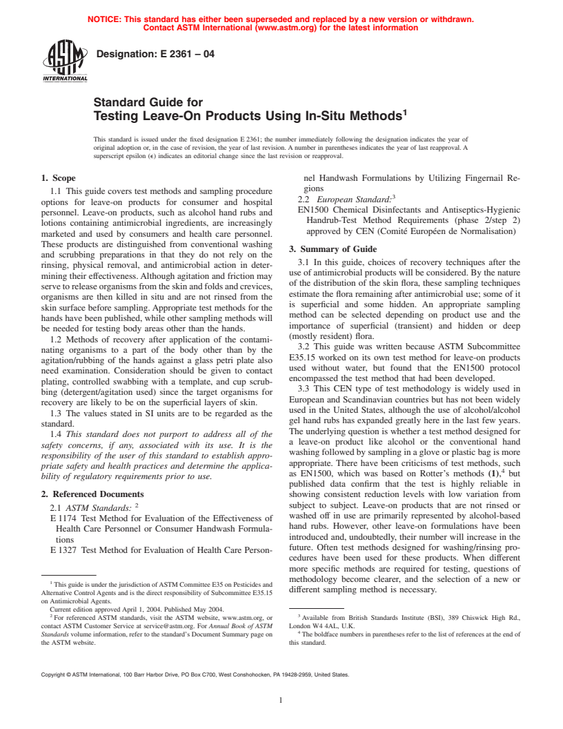 ASTM E2361-04 - Standard Guide for Testing Leave-On Products Using In-Situ Methods