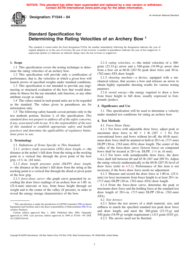 ASTM F1544-04 - Standard Specification for Determining the Rating Velocities of an Archery Bow