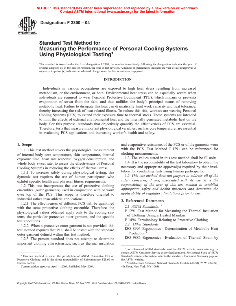 ASTM F2300-04 - Standard Test Method for Measuring the Performance of Personal Cooling Systems Using Physiological Testing