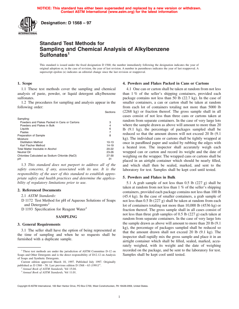 ASTM D1568-97 - Standard Test Methods for Sampling and Chemical Analysis of Alkylbenzene Sulfonates