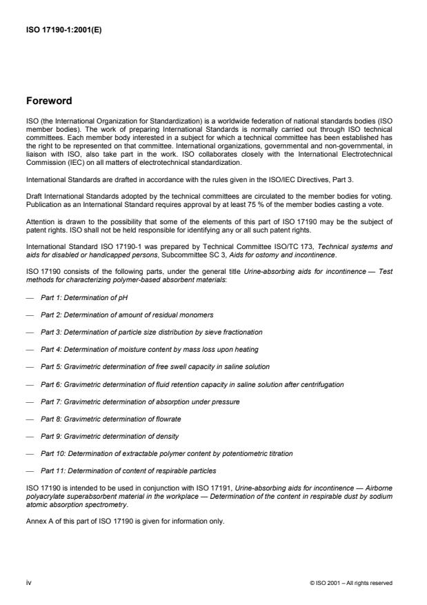 ISO 17190-1:2001 ISO 17190-1:2001 - Urine-absorbing aids for incontinence -- Test methods for characterizing polymer-based absorbent materials - Page 4 preview