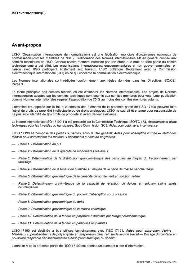 ISO 17190-1:2001 ISO 17190-1:2001 - Aides pour absorption d'urine -- Méthodes d'essai pour caractériser les matériaux absorbants a base de polymeres - Page 4 preview