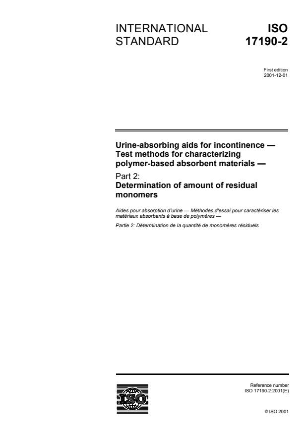 ISO 17190-2:2001 - Urine-absorbing aids for incontinence -- Test methods for characterizing polymer-based absorbent materials