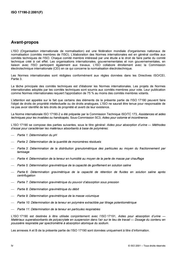 ISO 17190-2:2001 ISO 17190-2:2001 - Aides pour absorption d'urine -- Méthodes d'essai pour caractériser les matériaux absorbants a base de polymeres - Page 4 preview
