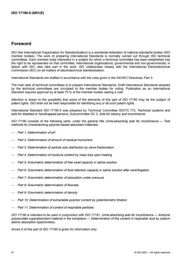 ISO 17190-5:2001 ISO 17190-5:2001 - Urine-absorbing aids for incontinence -- Test methods for characterizing polymer-based absorbent materials - Page 4 preview