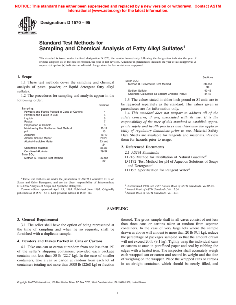 ASTM D1570-95 - Standard Test Methods for Sampling and Chemical Analysis of Fatty Alkyl Sulfates