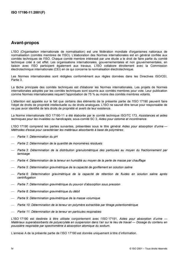 ISO 17190-11:2001 ISO 17190-11:2001 - Aides pour absorption d'urine -- Méthodes d'essai pour caractériser les matériaux absorbants a base de polymeres - Page 4 preview