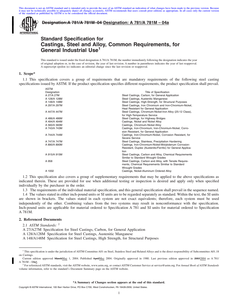 REDLINE ASTM A781/A781M-04a - Standard Specification for Castings, Steel and Alloy, Common Requirements, for General Industrial Use