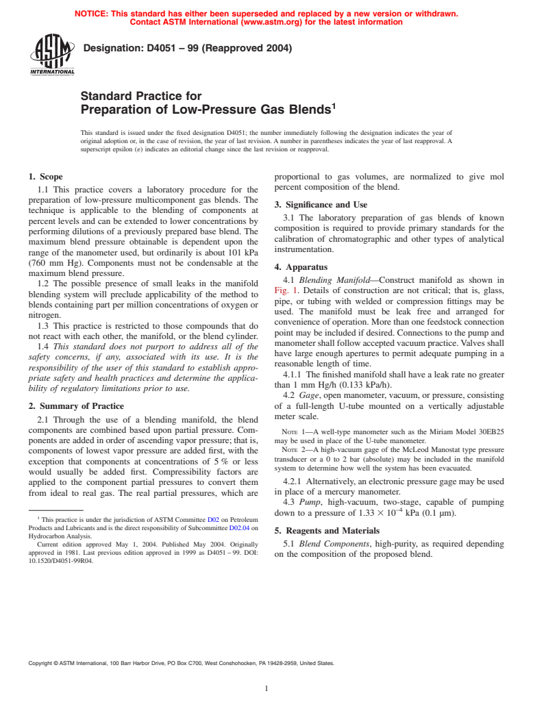 ASTM D4051-99(2004) - Standard Practice for Preparation of Low-Pressure Gas Blends