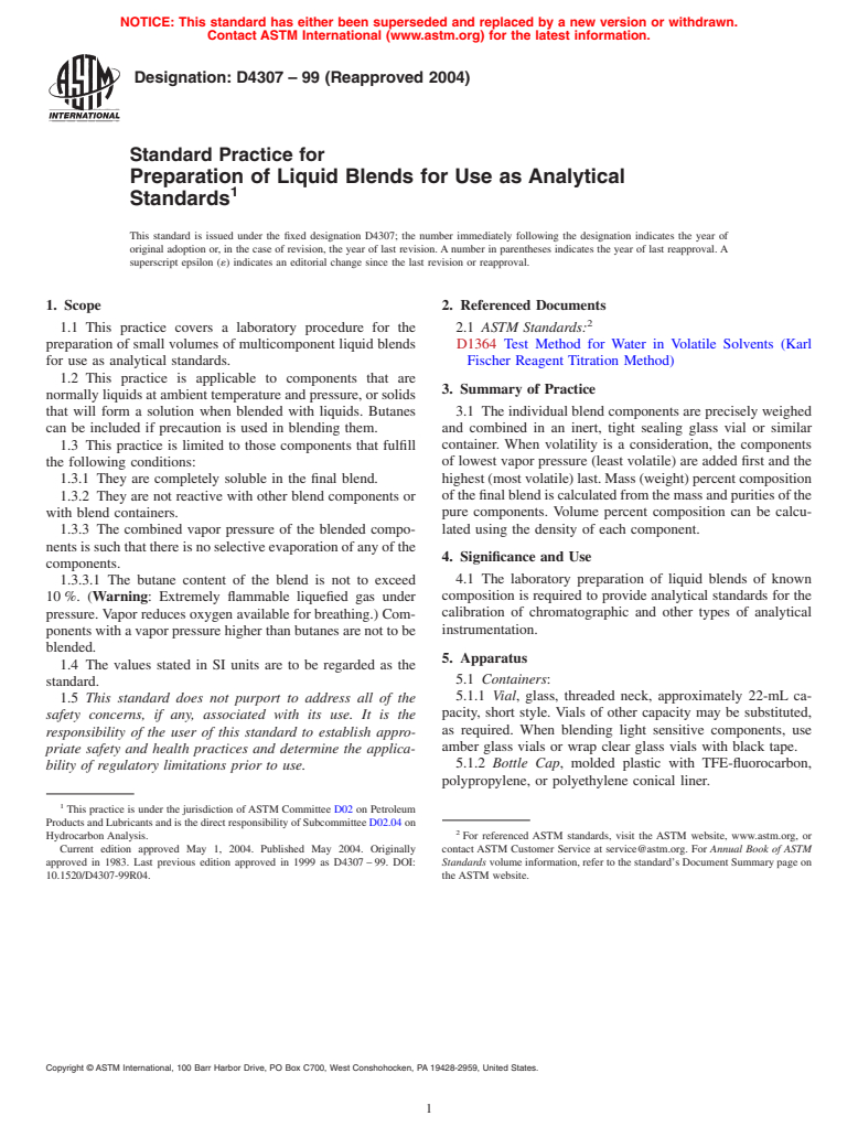 ASTM D4307-99(2004) - Standard Practice for Preparation of Liquid Blends for Use as Analytical Standards