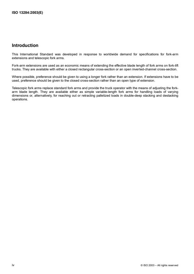 ISO 13284:2003 ISO 13284:2003 - Fork-lift trucks -- Fork-arm extensions and telescopic fork arms -- Technical characteristics and strength requirements - Page 4 preview