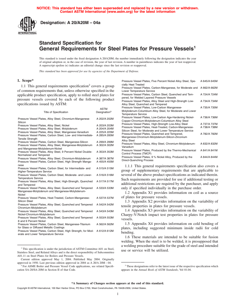 ASTM A20/A20M-04a - Standard Specification for General Requirements for Steel Plates for Pressure Vessels