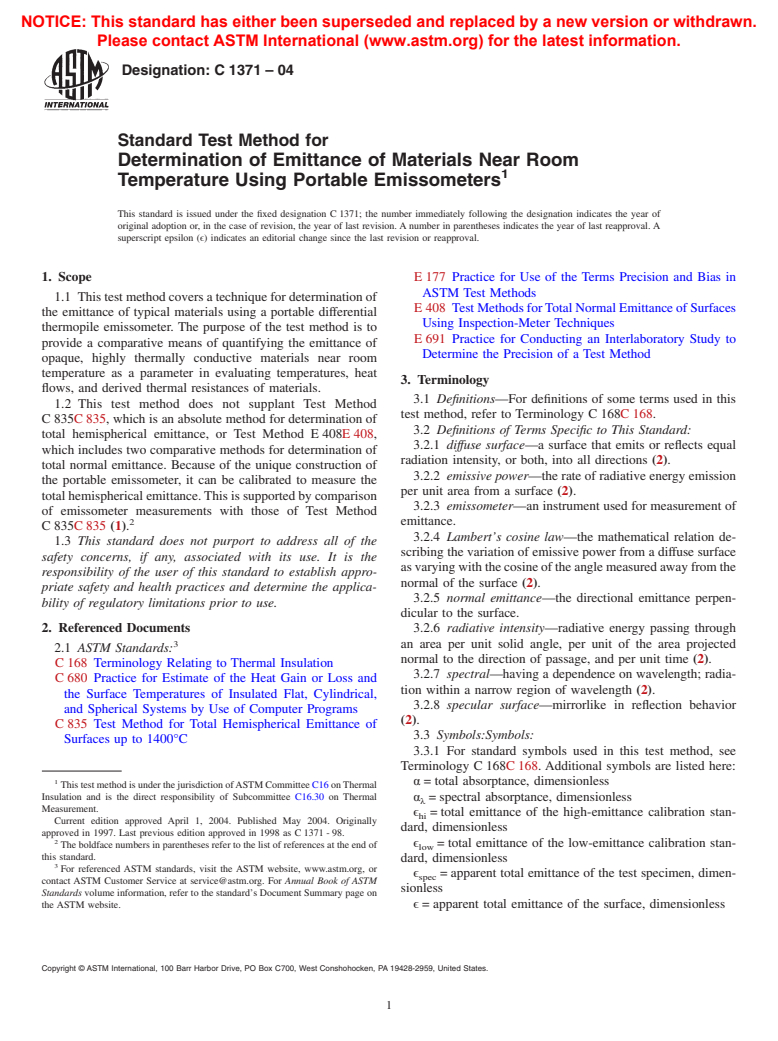 ASTM C1371-04 - Standard Test Method for Determination of Emittance of Materials Near Room Temperature Using Portable Emissometers