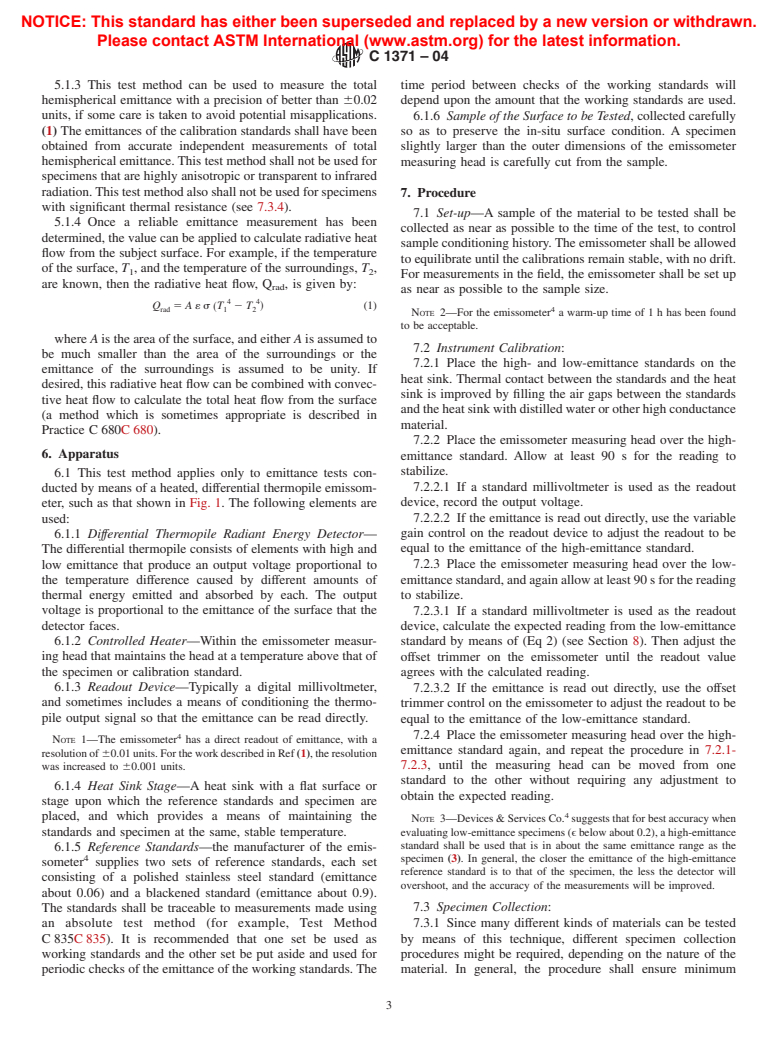 ASTM C1371-04 - Standard Test Method for Determination of Emittance of Materials Near Room Temperature Using Portable Emissometers