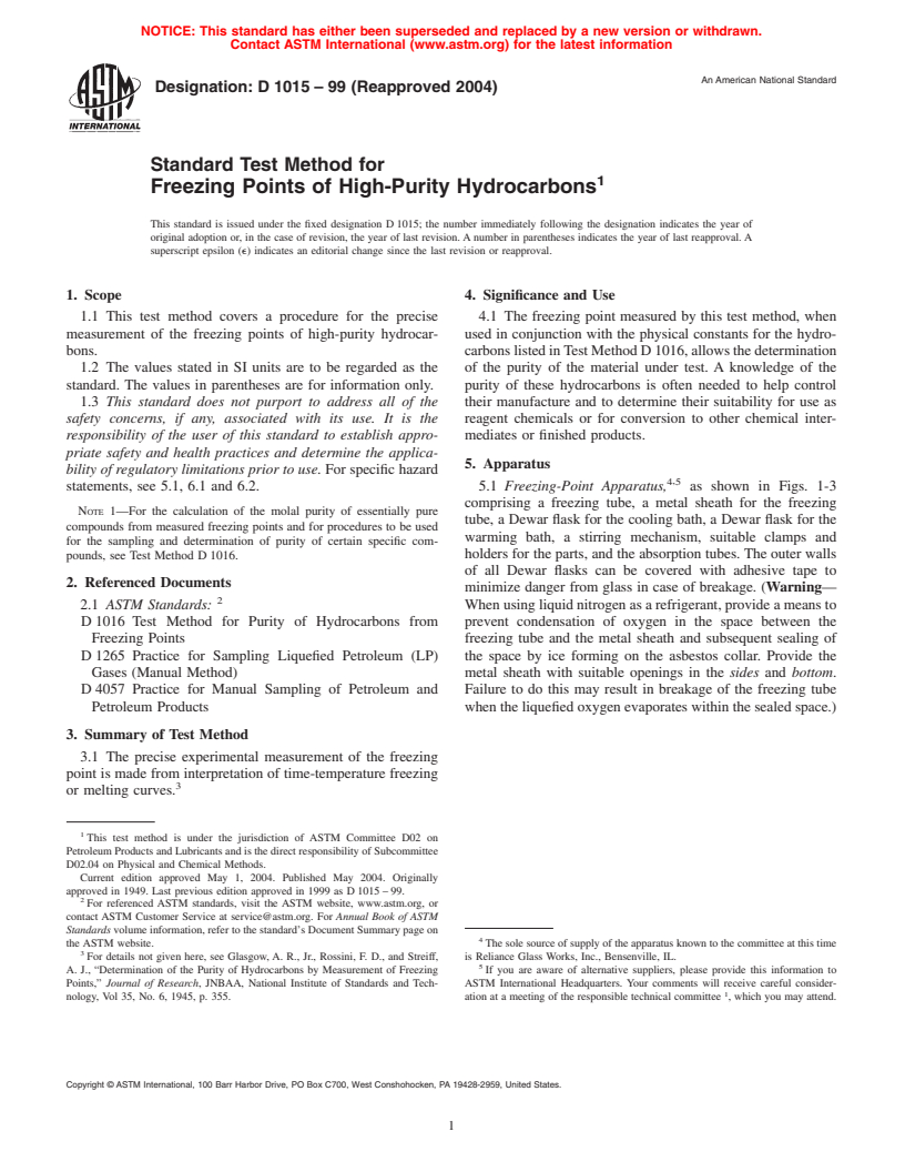 ASTM D1015-99(2004) - Standard Test Method for Freezing Points of High-Purity Hydrocarbons