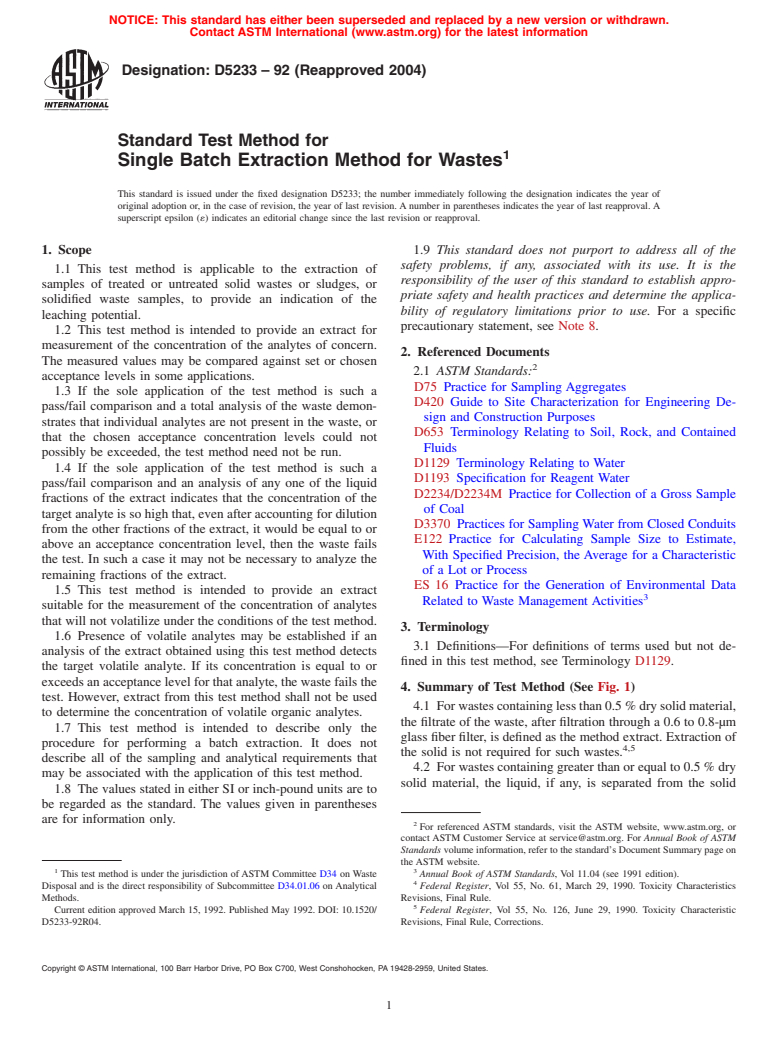 ASTM D5233-92(2004) - Standard Test Method for Single Batch Extraction Method for Wastes